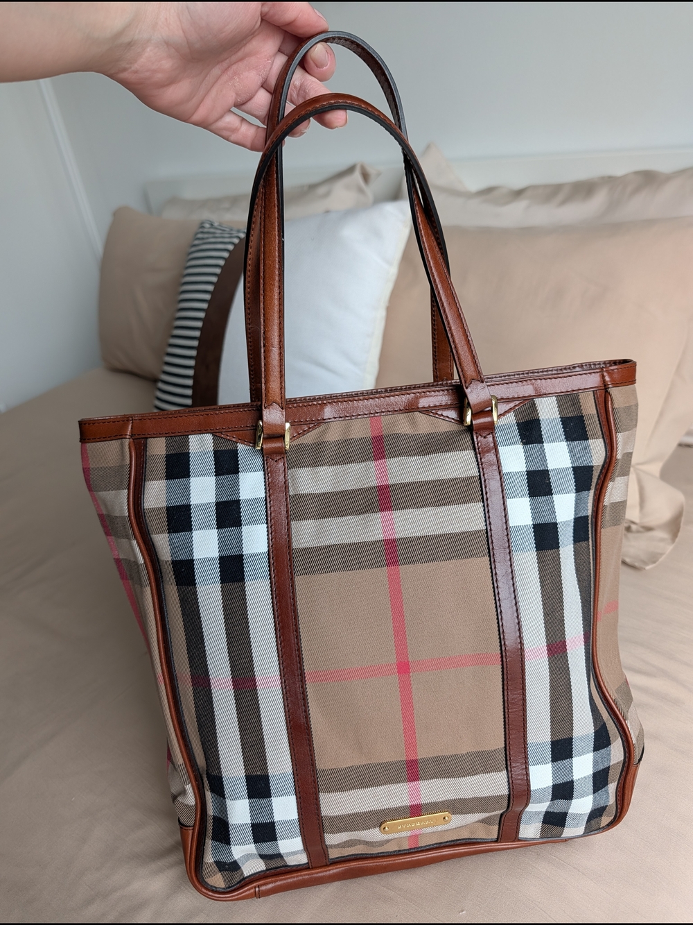 Burberry House Check Canvas & Brown Leather Tote Bag